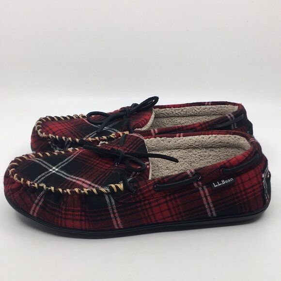 L.L. Bean Wicked Good Slipper Moccasins Mens Size 9 M Red Tartan Plaid - Picture 4 of 16